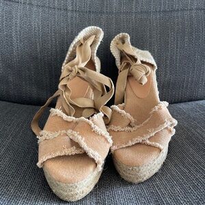 Tan Espadrille Wedge Sandals with Ankle Straps